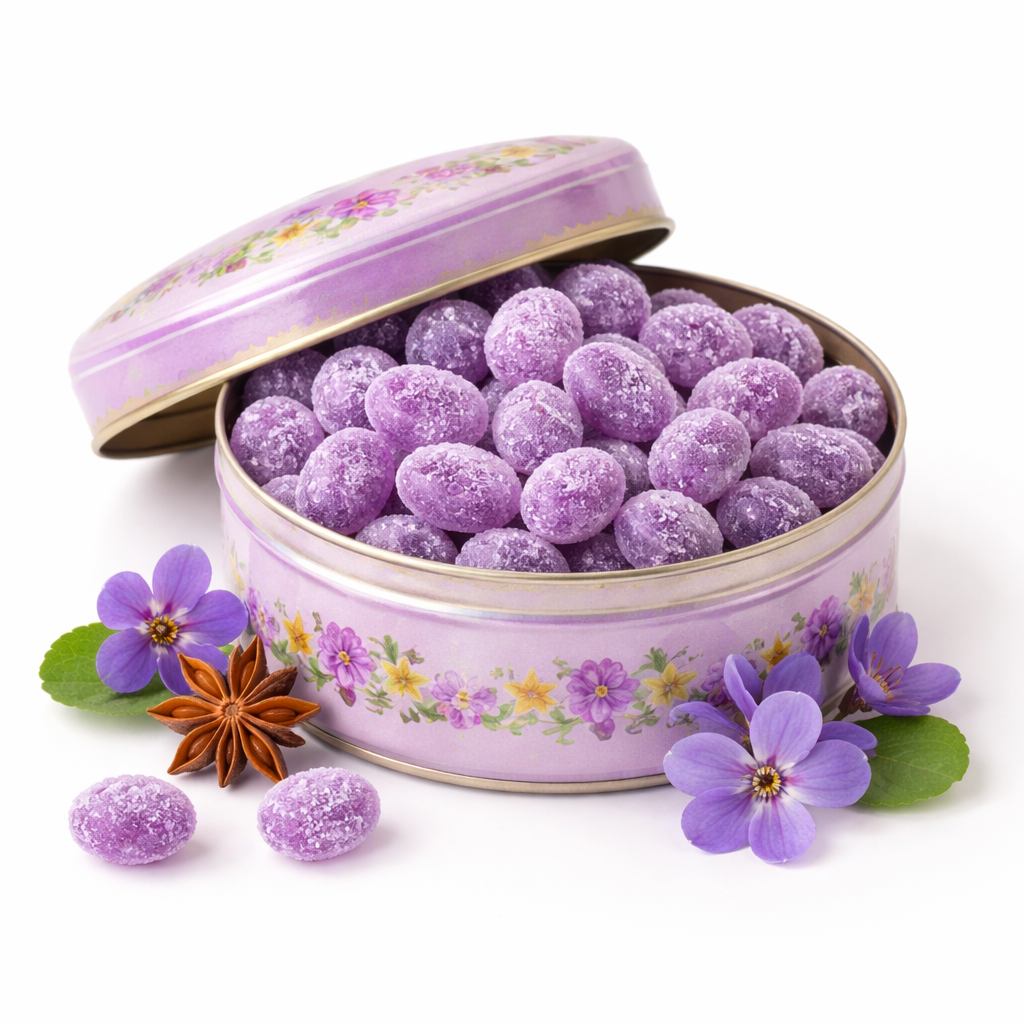 Petits bonbons violets à l'anis et à la violette en boîte