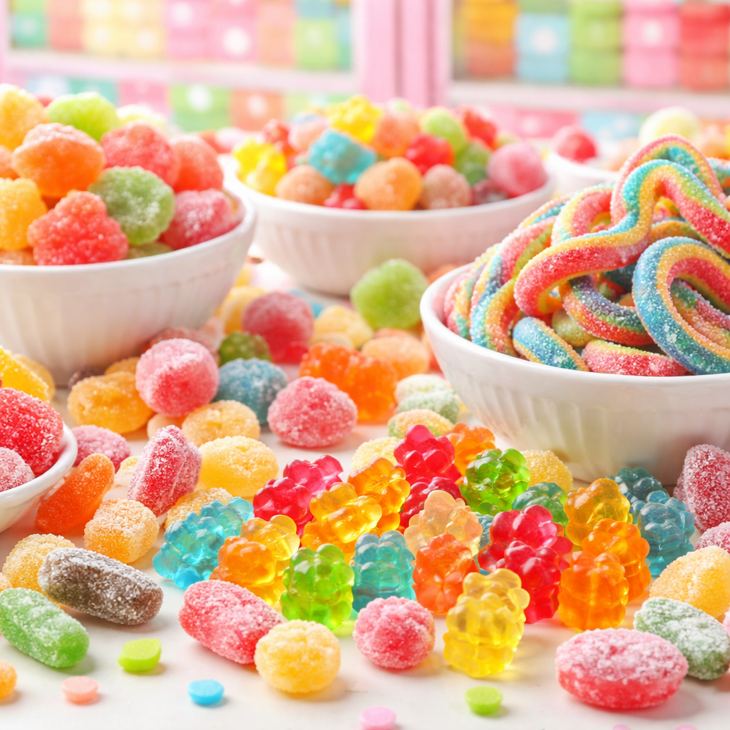 Bonbons gélifiés colorés : oursons, fraises, crocodiles