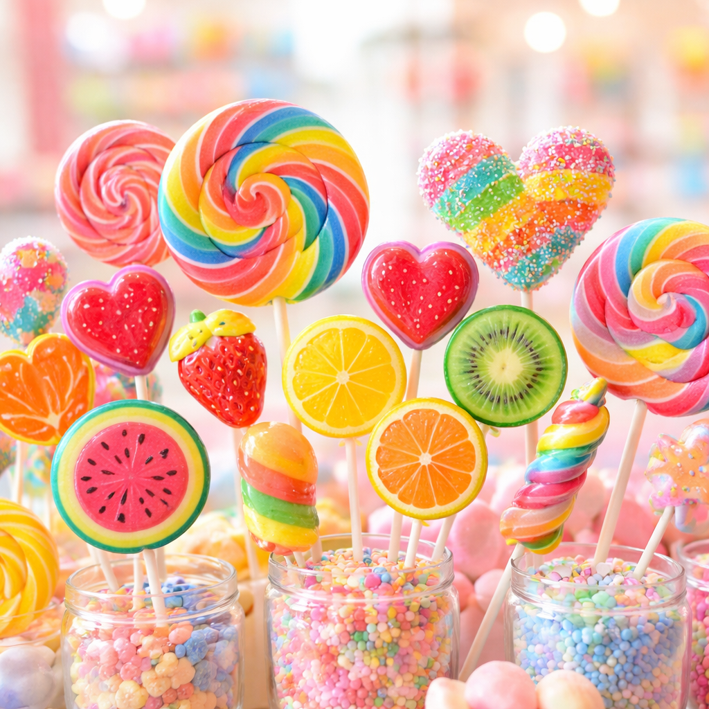 Sucettes colorées arc-en-ciel et fruitées sur bâtonnet