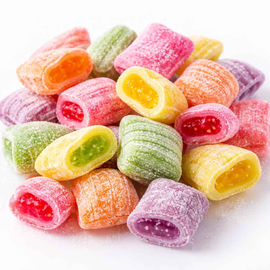 Bonbons coussins de sucre cuit fourrés au cœur fondant
