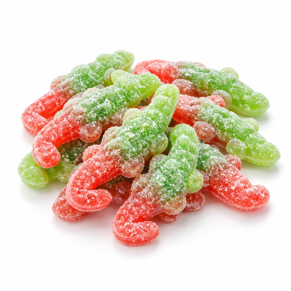 Bonbons crocodiles verts et rouges saupoudrés de sucre acidulé