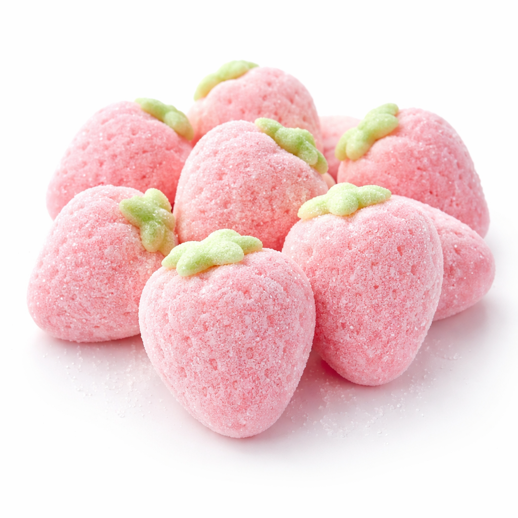 Bonbons fraises rouges moelleux saupoudrés de sucre