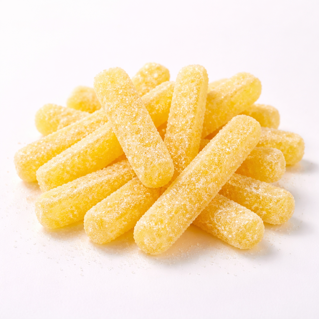 Bonbons en forme de frites jaunes saupoudrés de sucre