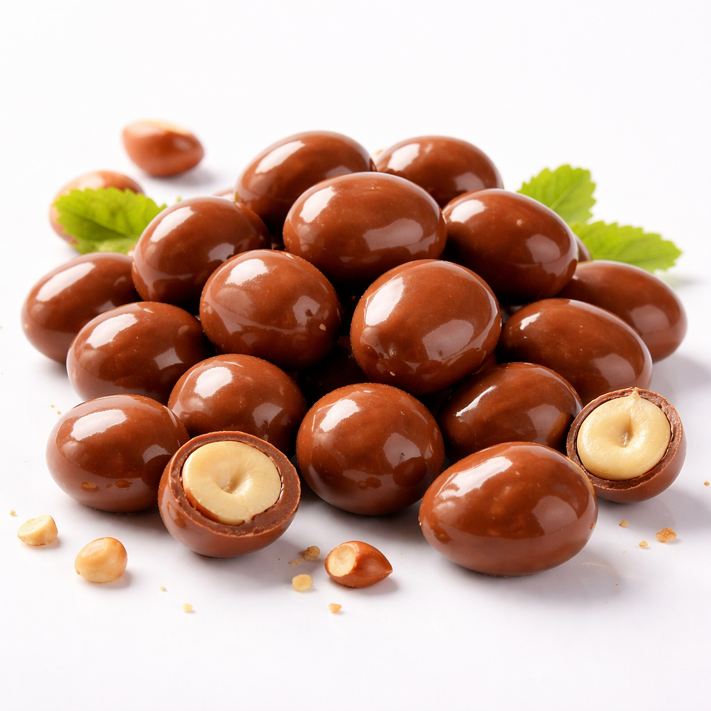 Galets de chocolat enrobant des noisettes entières