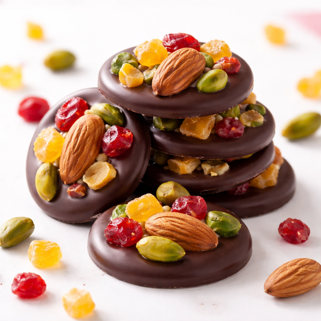 Mendiants en chocolat noir garnis de fruits secs