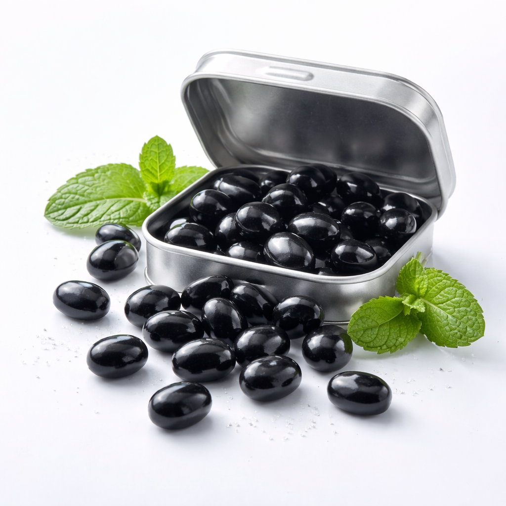 Petites pastilles de réglisse noire mentholée en boîte