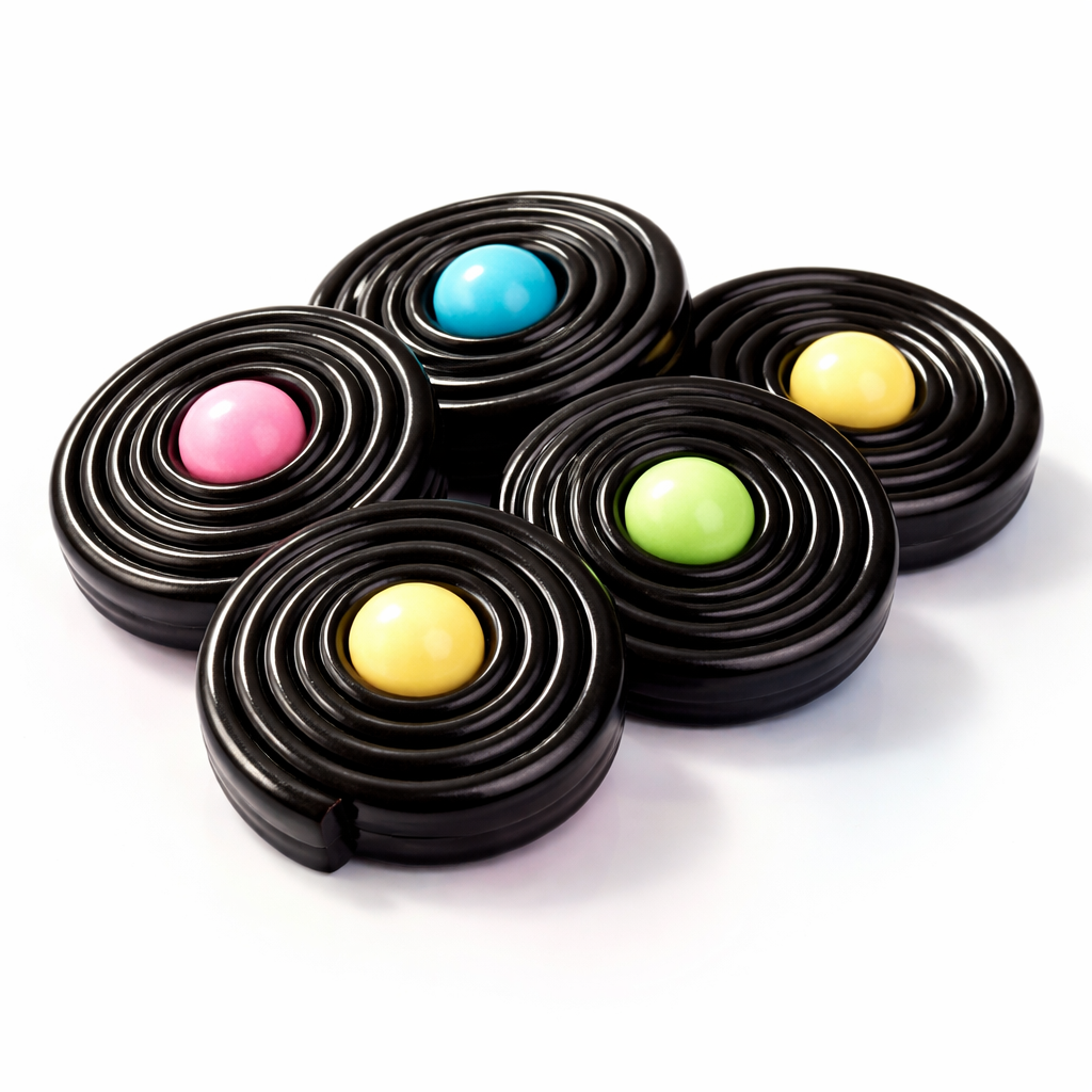 Rouleaux de réglisse noir enroulés avec une perle centrale