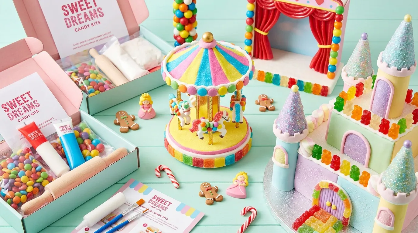 Kits de bonbons Sweet Dreams avec ch&acirc;teau, carrousel et accessoires color&eacute;s