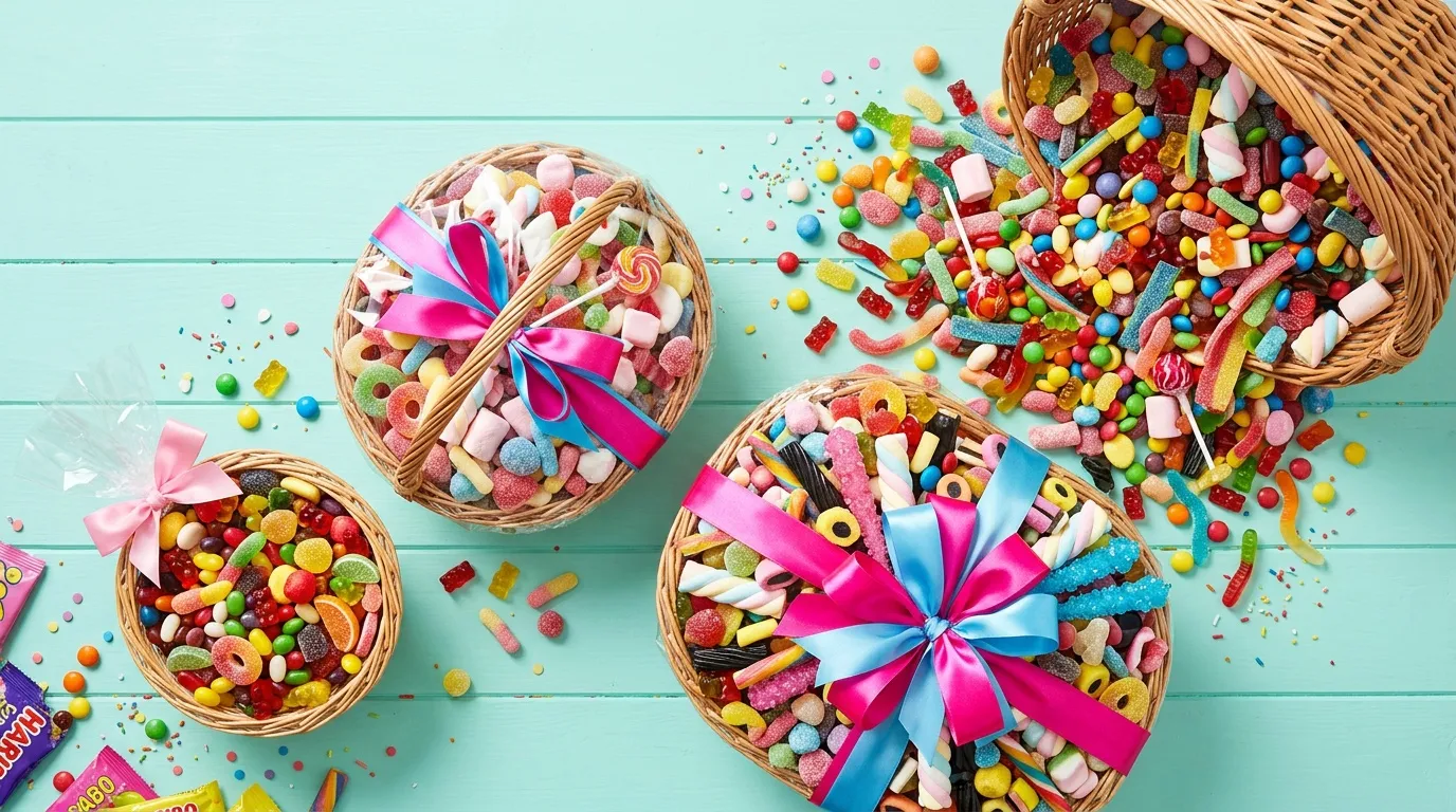 Paniers en osier remplis de bonbons multicolores avec rubans roses