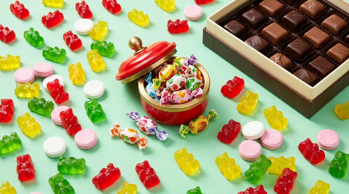 Bo&icirc;te de chocolats et bonbons color&eacute;s sur fond vert menthe