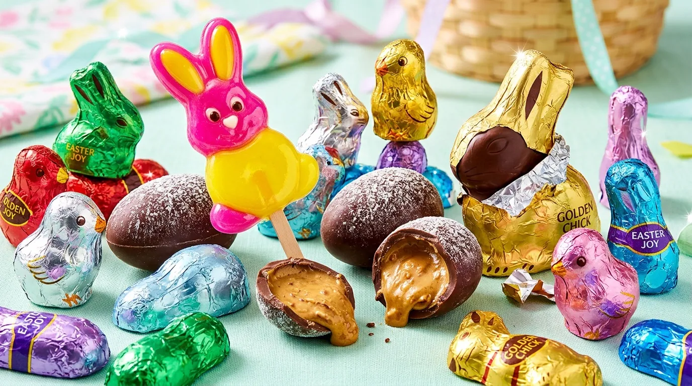 &OElig;ufs et figurines en chocolat enrob&eacute;s de papier color&eacute;.