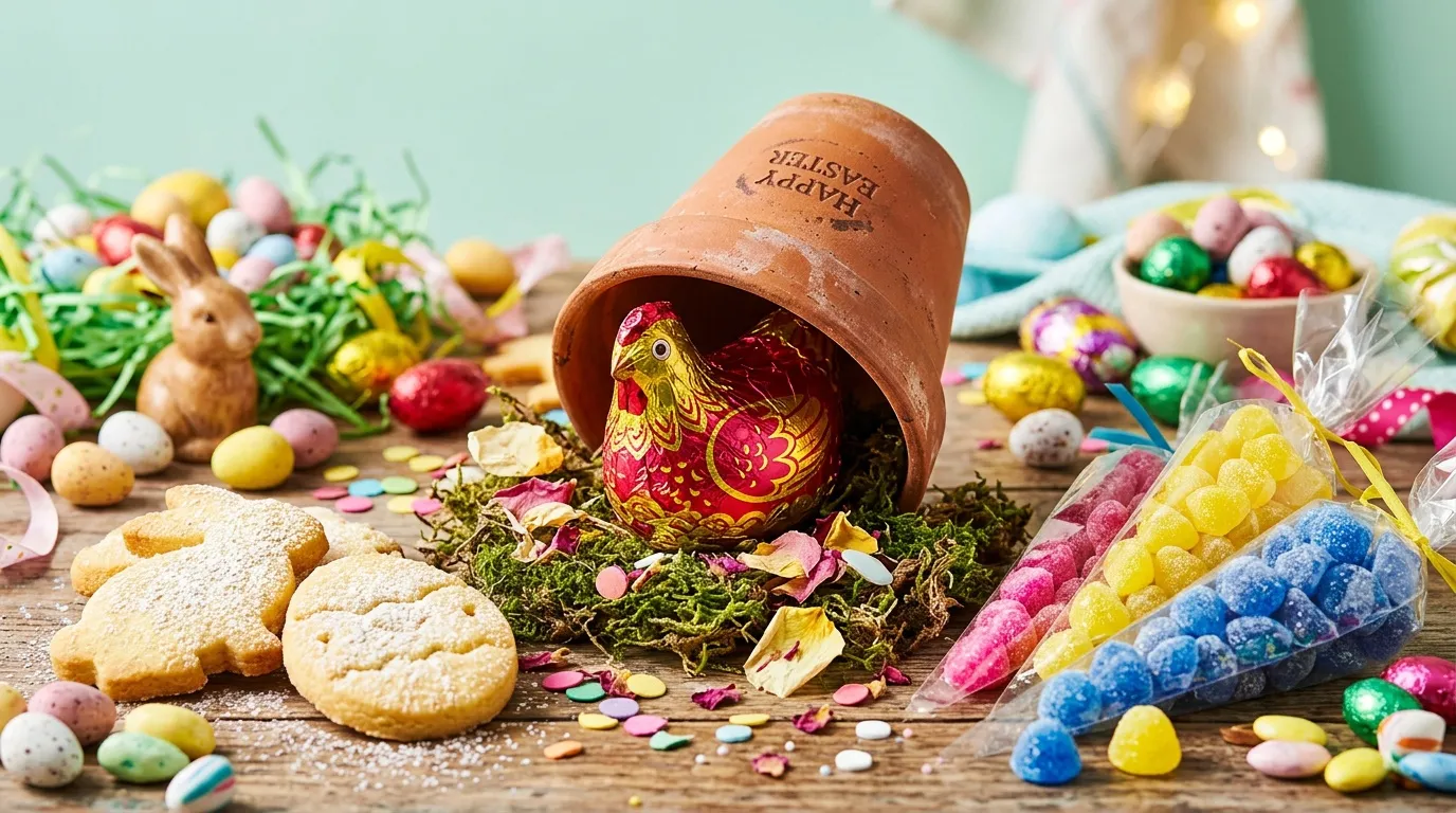 &OElig;uf au chocolat d&eacute;cor&eacute; sous cloche avec bonbons et biscuits