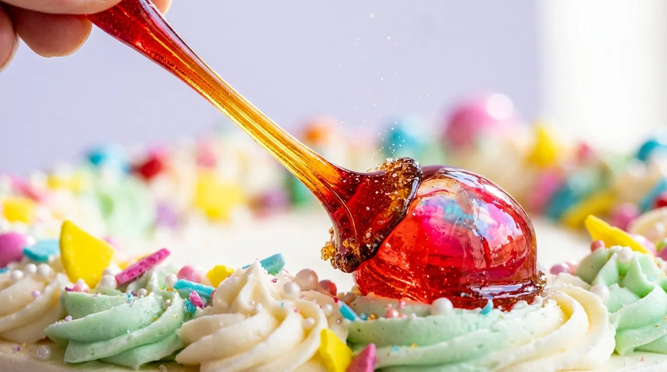Cuill&egrave;re versant gla&ccedil;age rouge brillant sur cupcake d&eacute;cor&eacute;