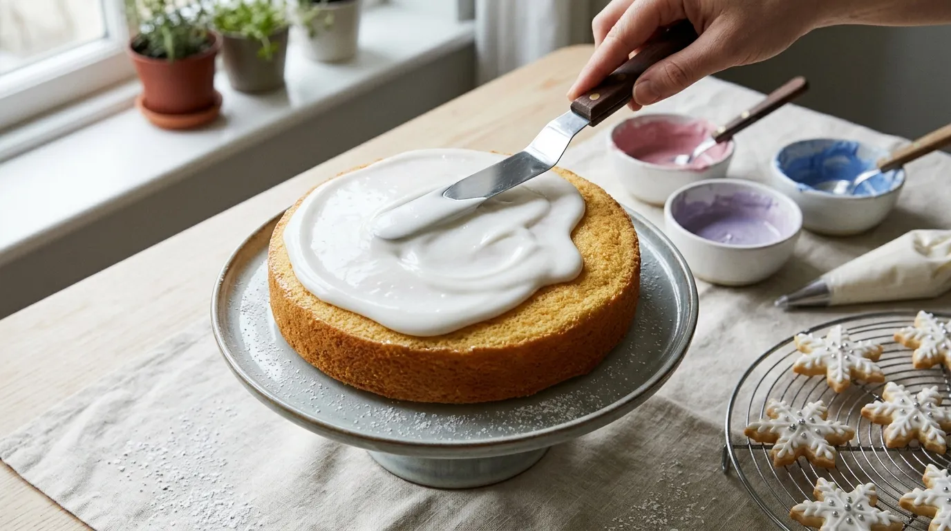 Main &eacute;talant du gla&ccedil;age blanc sur un g&acirc;teau &eacute;ponge dor&eacute;e