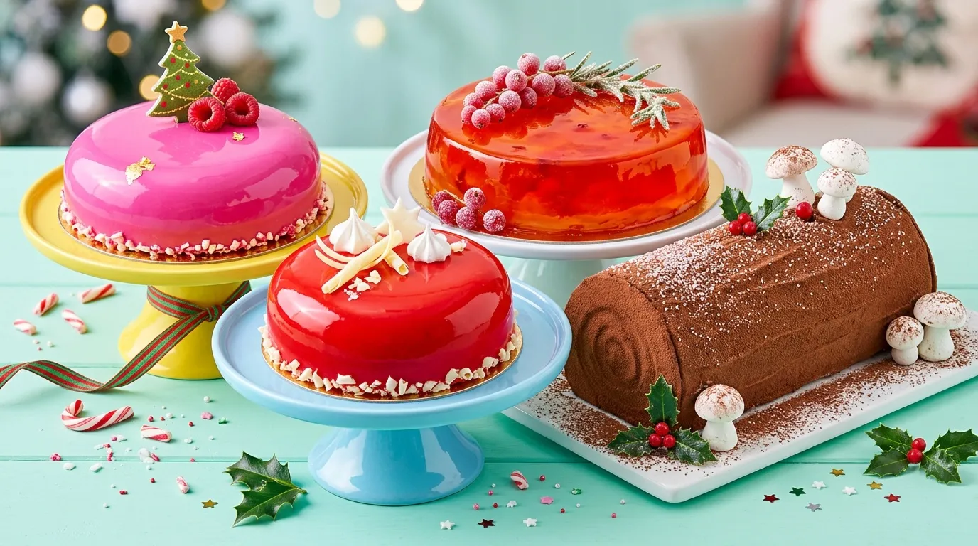 Quatre g&acirc;teaux d&eacute;cor&eacute;s color&eacute;s avec baies et d&eacute;cors festifs