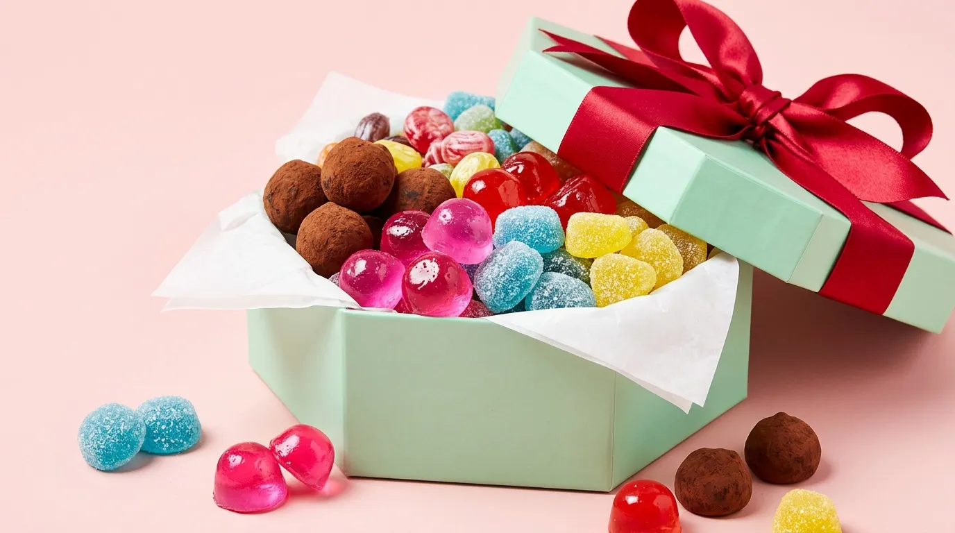 Bo&icirc;te verte avec n&oelig;ud rouge remplie de bonbons color&eacute;s assortis