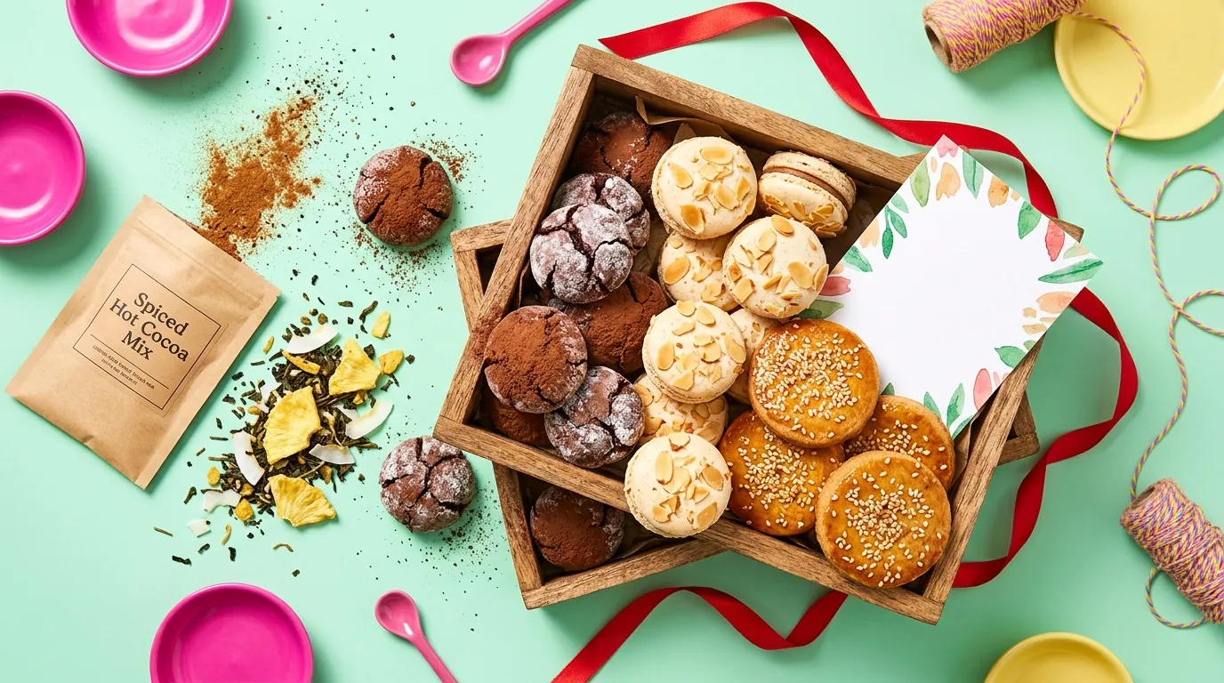 Assortiment de biscuits dans bo&icirc;te en bois avec ruban rouge