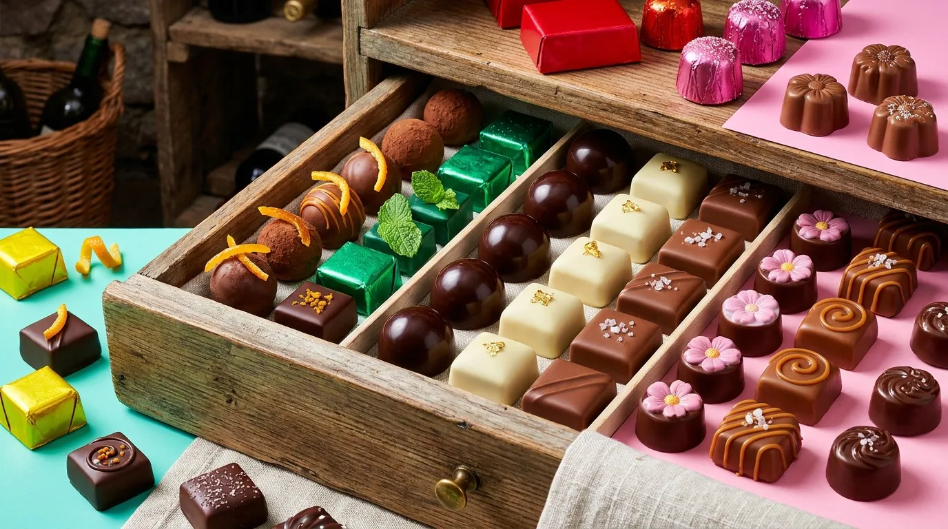 Bo&icirc;te en bois avec chocolats assortis, d&eacute;cor&eacute;s de fleurs et dorures.