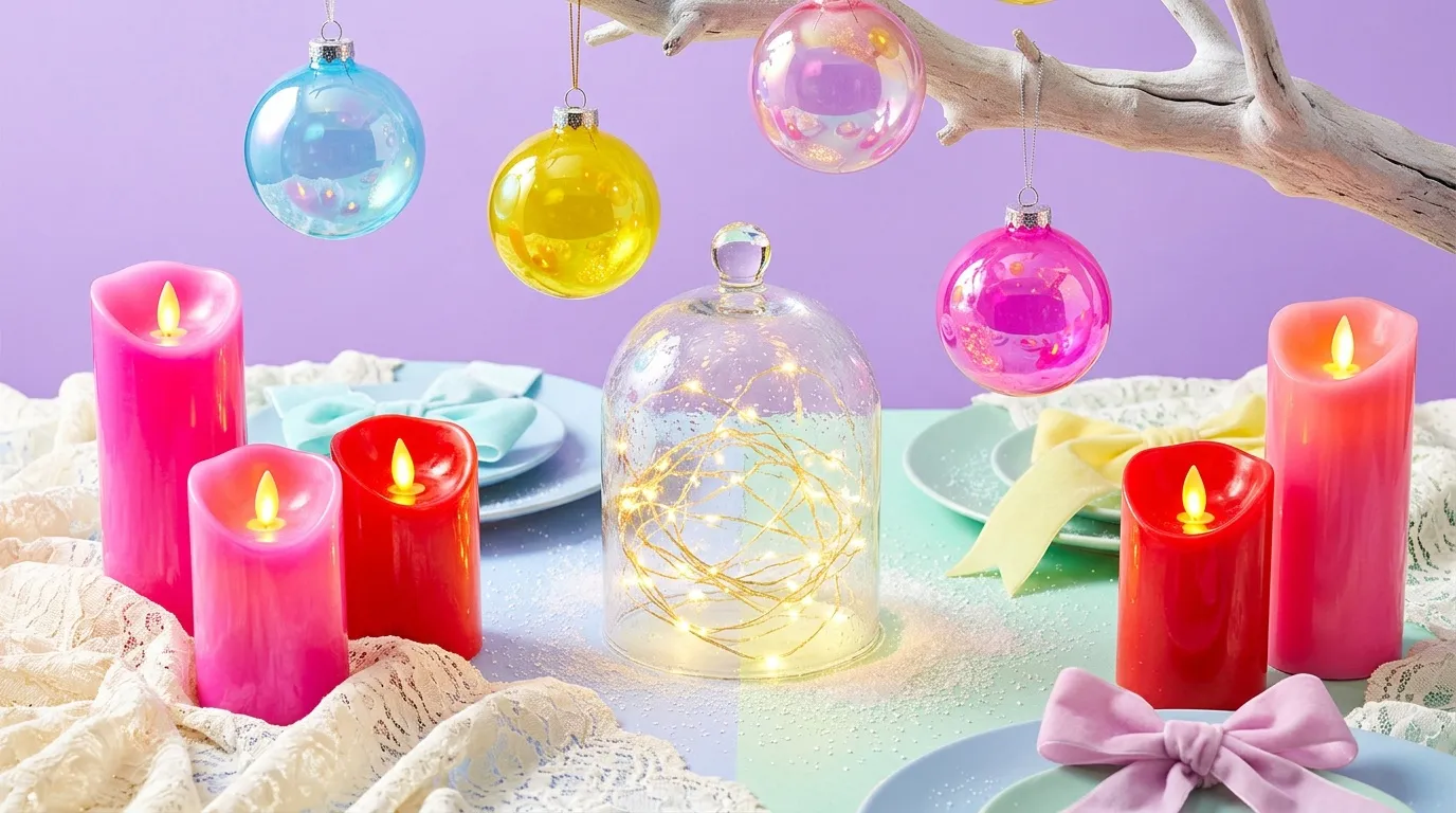 Bougies LED et ornements de No&euml;l sur table d&eacute;cor&eacute;e