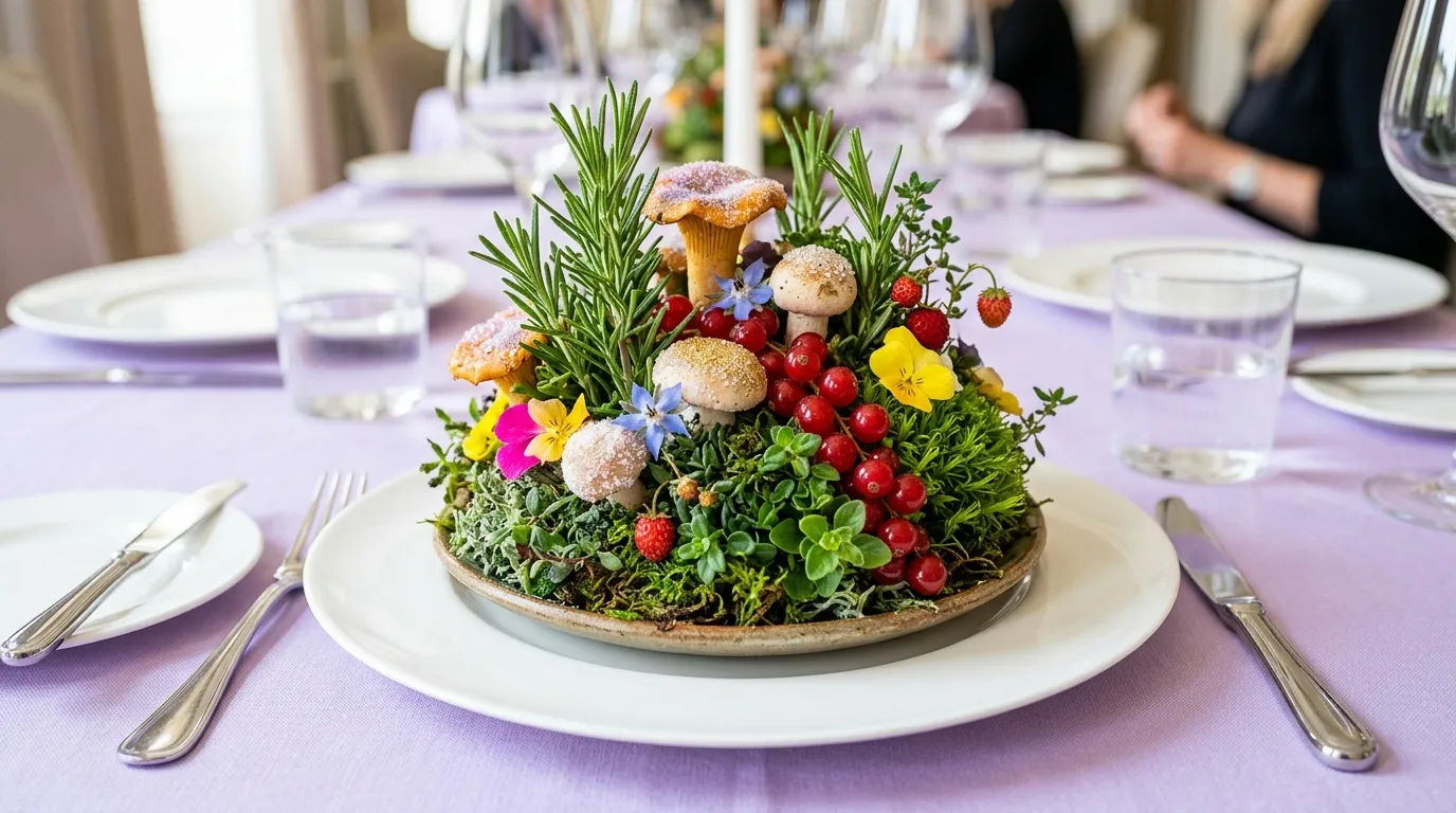 Arrangement culinaire avec fleurs, champignons, baies et herbes fra&icirc;ches