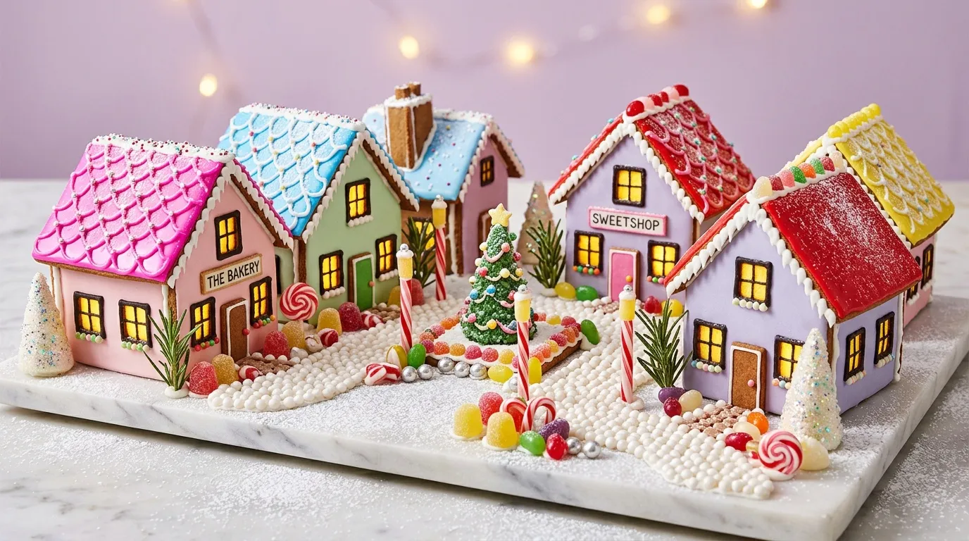 Maisons en pain d'&eacute;pice d&eacute;cor&eacute;es avec bonbons et gla&ccedil;age blanc