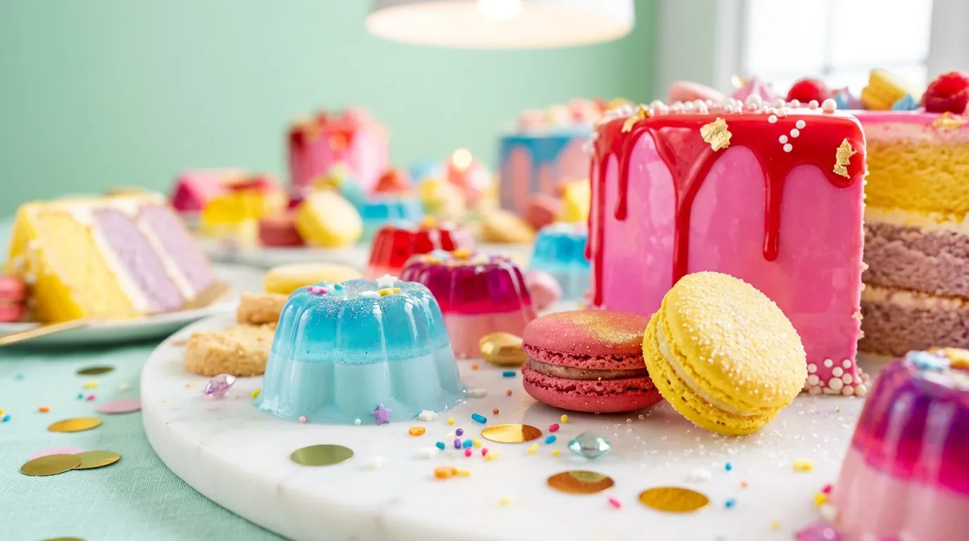 Colorful pastries, macarons, and decorative elements on party table