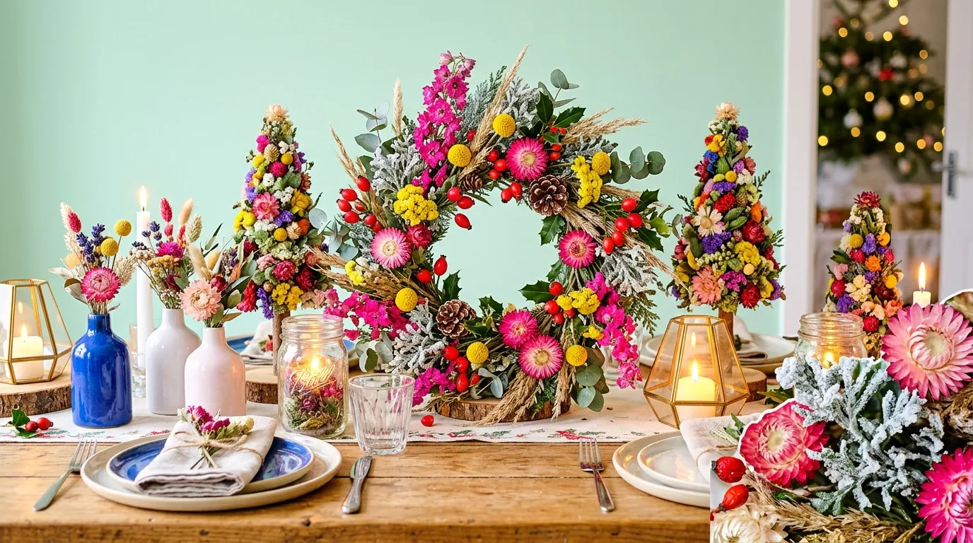 Table dress&eacute;e avec compositions florales multicolores et d&eacute;coration festive