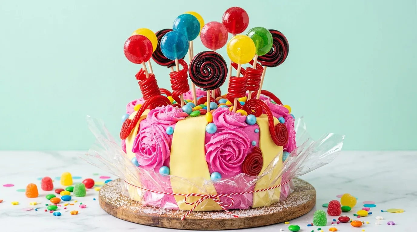 Gâteau rose et jaune décoré de sucettes colorées et bonbons