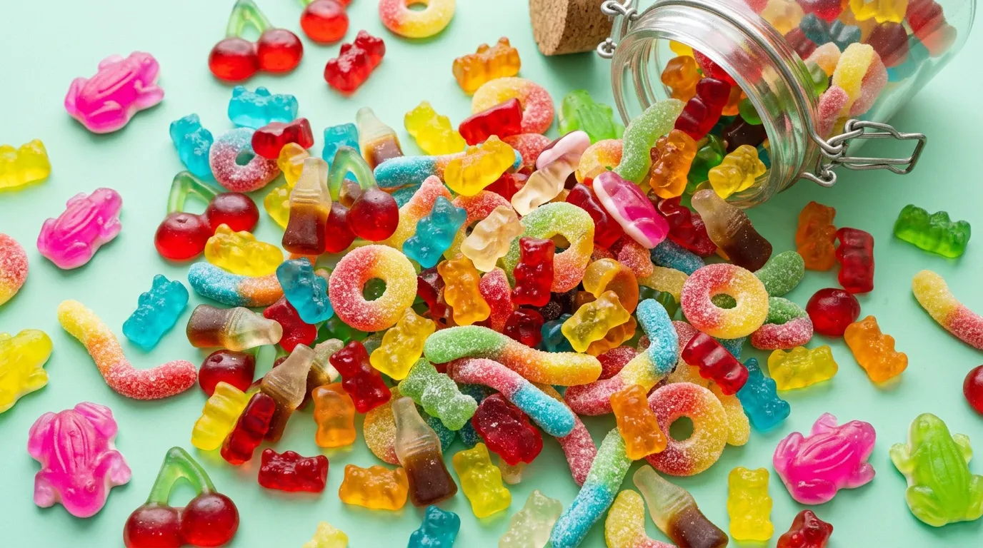 Pot de bonbons gélifiés multicolores renversé sur fond bleu