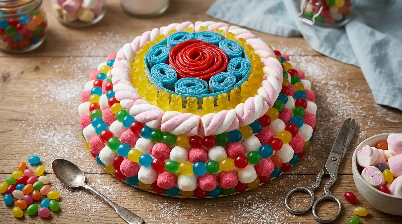 Gâteau multicolore garni de bonbons et fleurs en sucre