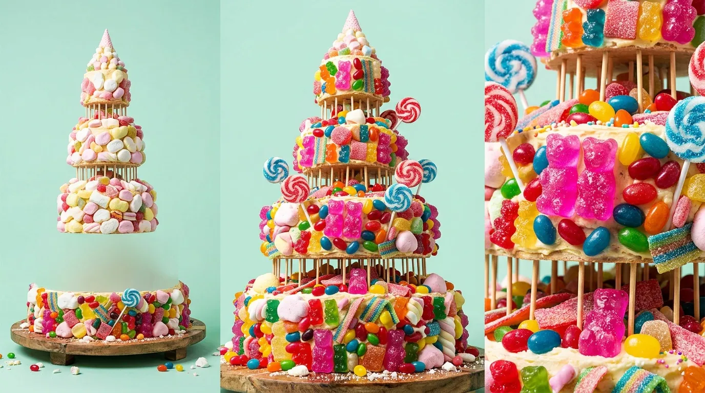 Trois structures décorées avec des bonbons et des lollipops colorés