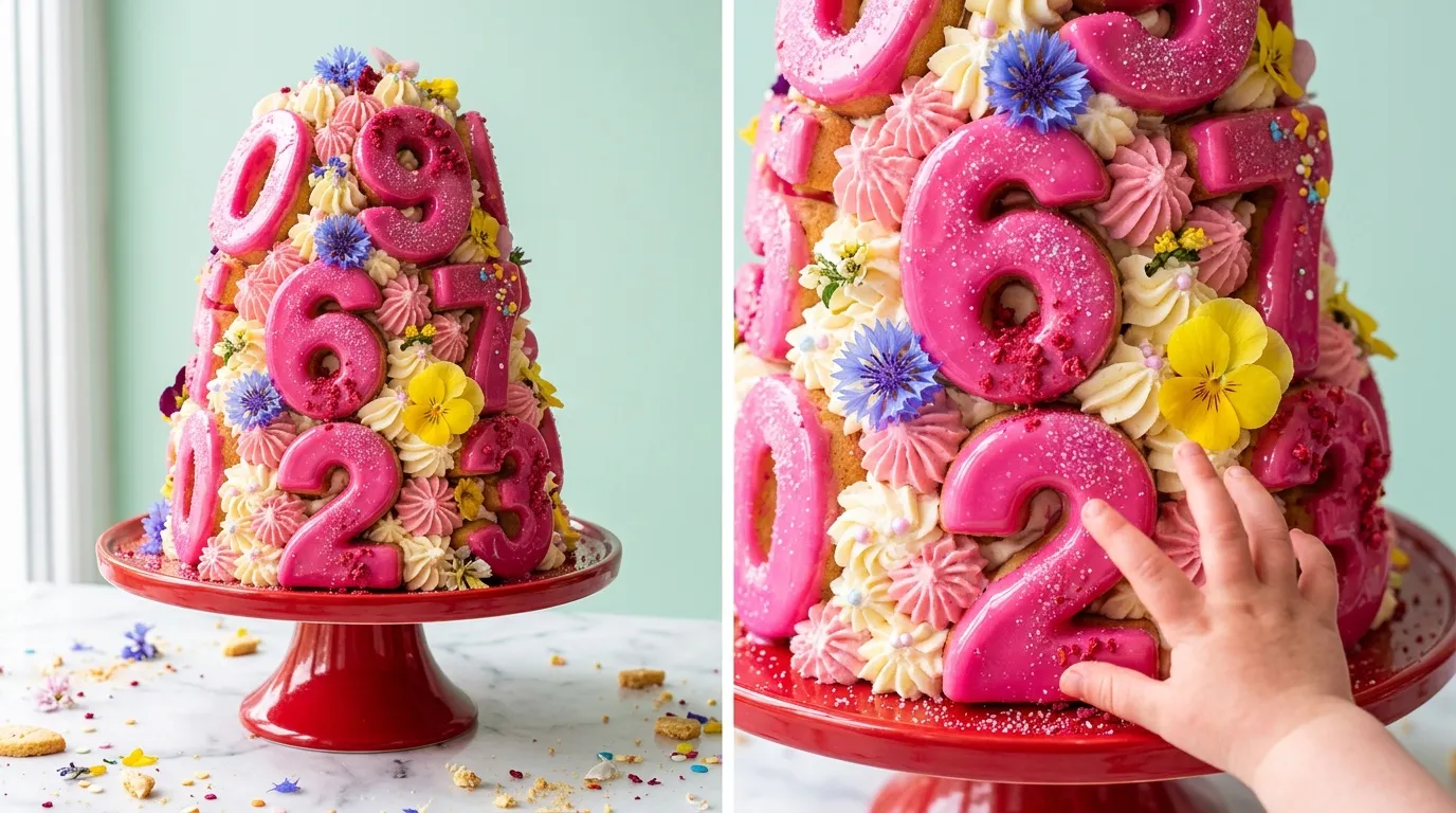 G&acirc;teau rose trois &eacute;tages avec fleurs et chiffres paillet&eacute;s
