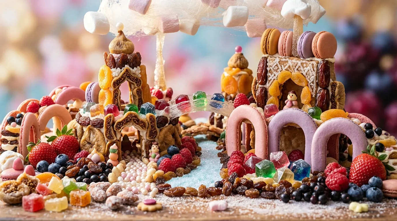 Maison pain d'&eacute;pice fantastique d&eacute;cor&eacute;e de bonbons et fruits color&eacute;s