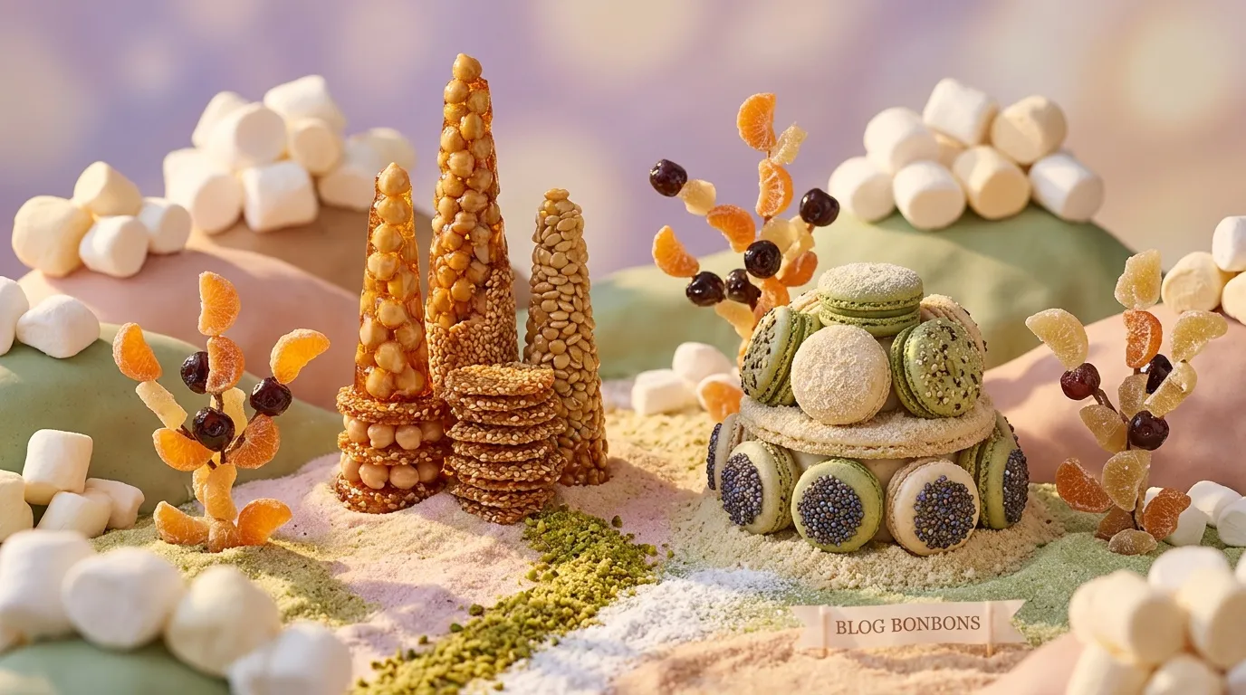 Ch&acirc;teau de bonbons avec macarons, tours caram&eacute;lis&eacute;es et d&eacute;cors sucr&eacute;s