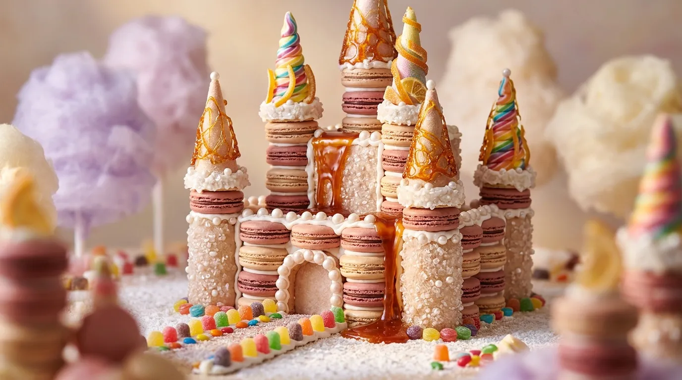 Ch&acirc;teau comestible construit avec macarons color&eacute;s et d&eacute;cors sucr&eacute;s