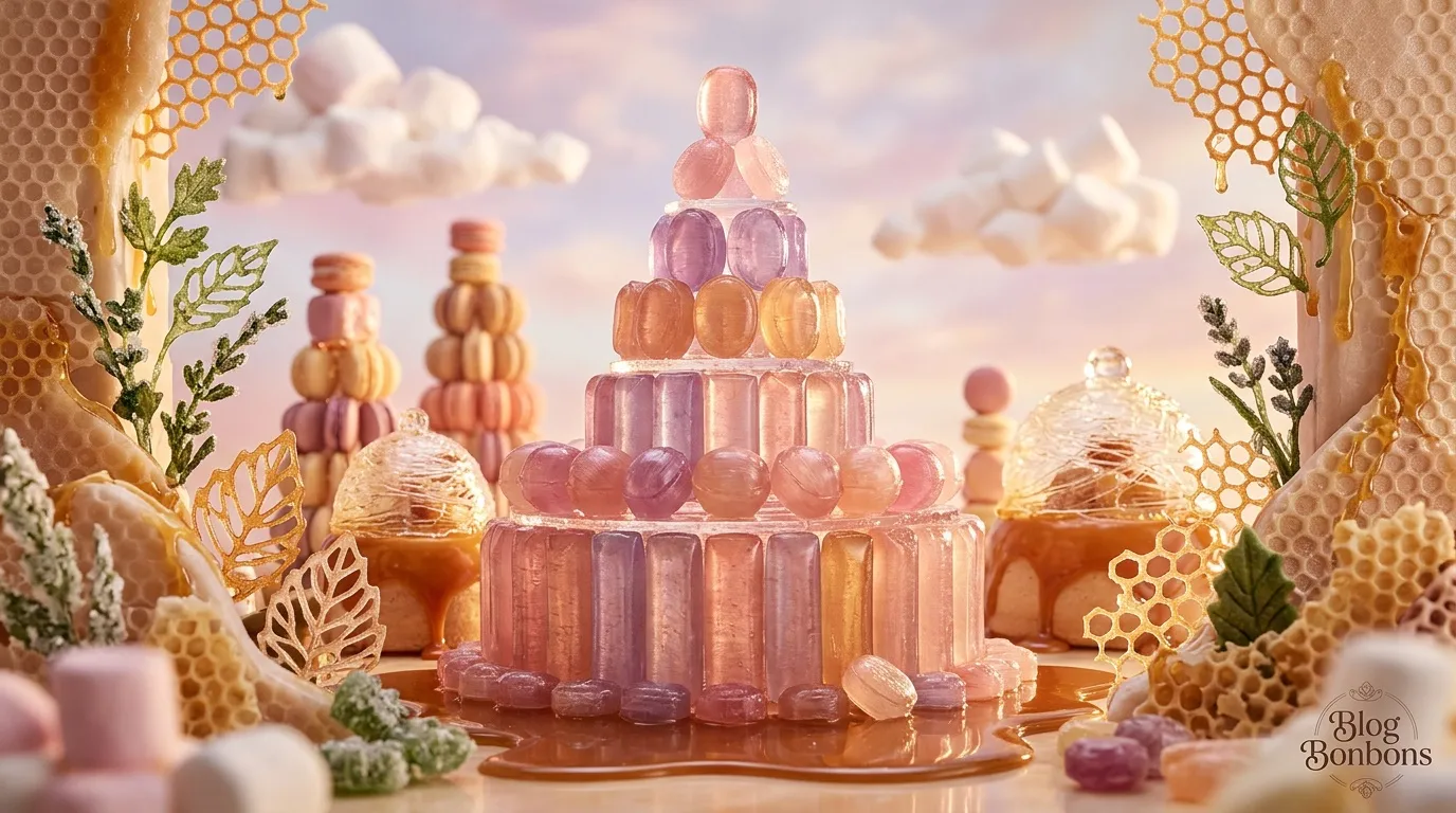 Tour de bonbons transparents roses et oranges dans d&eacute;cor miel