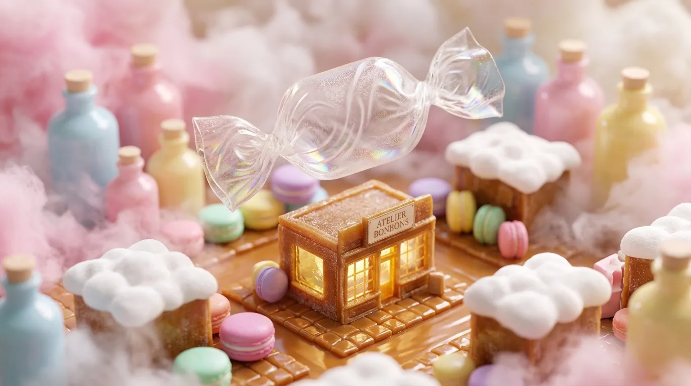 Boutique de bonbons fantaisiste avec bonbons, nuages, potions color&eacute;es