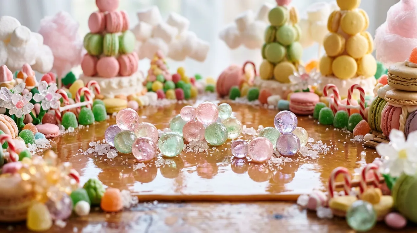 Paysage miniature de bonbons et macarons color&eacute;s avec perles