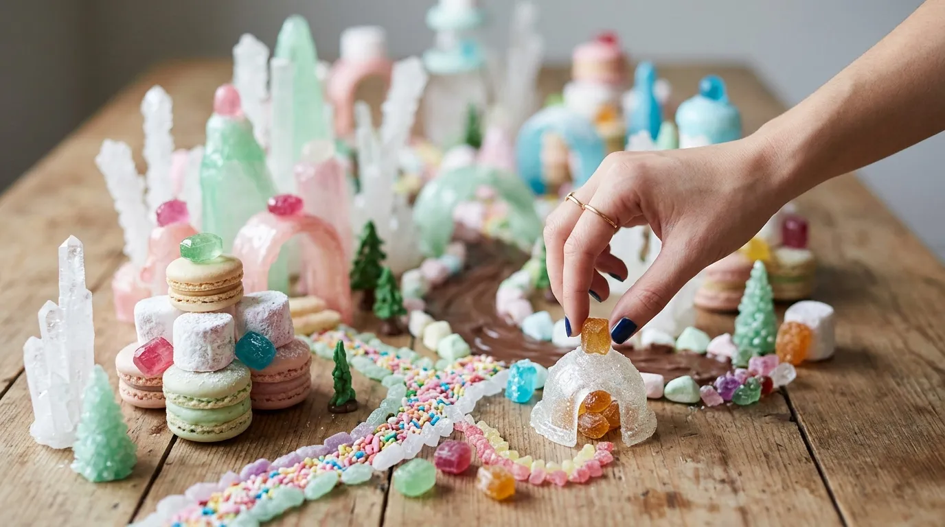 Maison en sucre et d&eacute;cor sucr&eacute; color&eacute; sur table bois