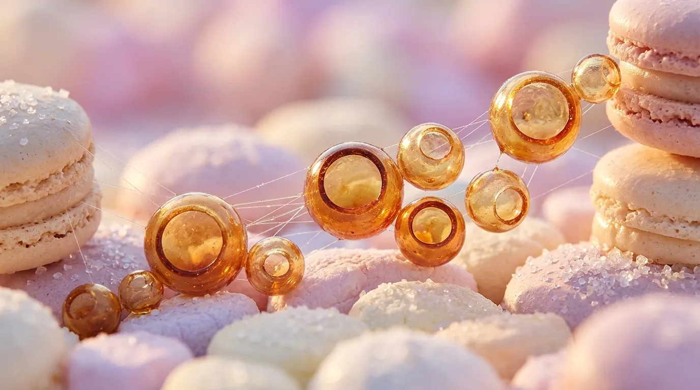 Gouttelettes ambr&eacute;es flottant parmi des macarons d&eacute;licats