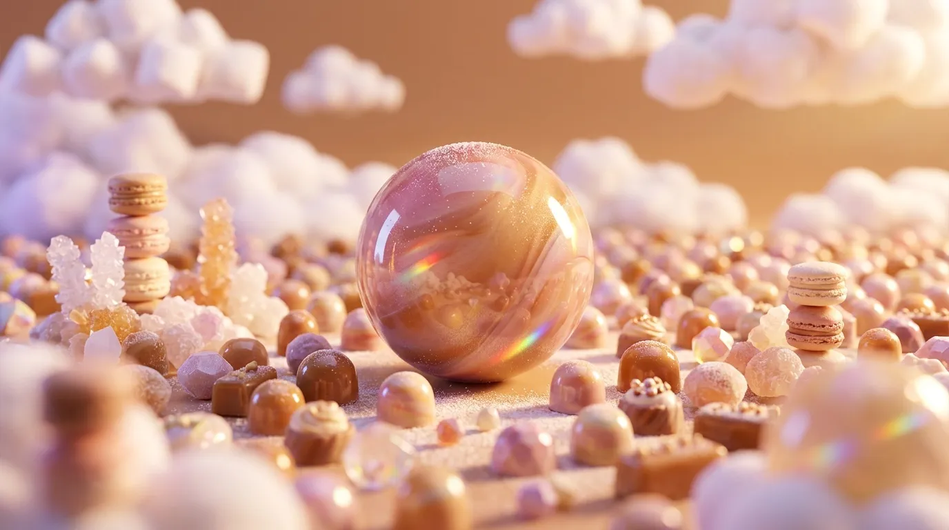 Sph&egrave;re iridescente entour&eacute;e de bonbons et macarons color&eacute;s