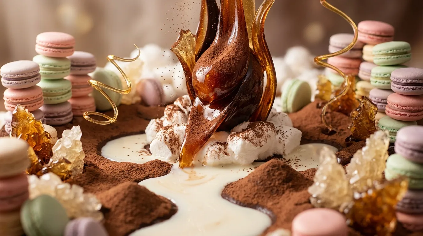 Chocolat coulant, macarons color&eacute;s et d&eacute;coration dor&eacute;e gourmande