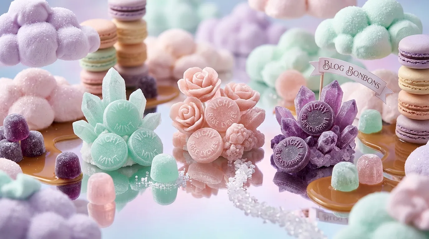 Bonbons floraux roses, menthe et violets avec macarons pastel
