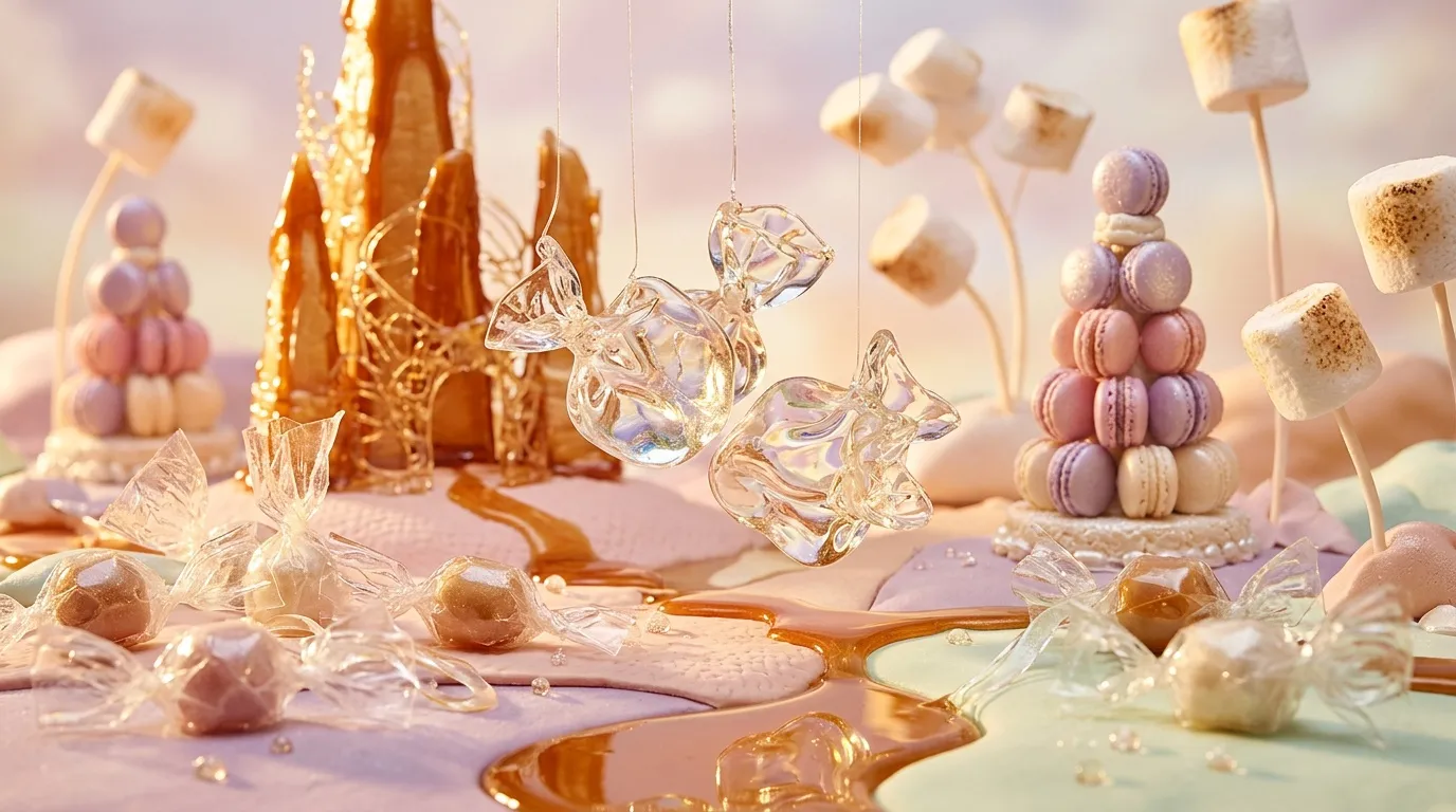 Château de caramel avec macarons et bonbons cristallisés