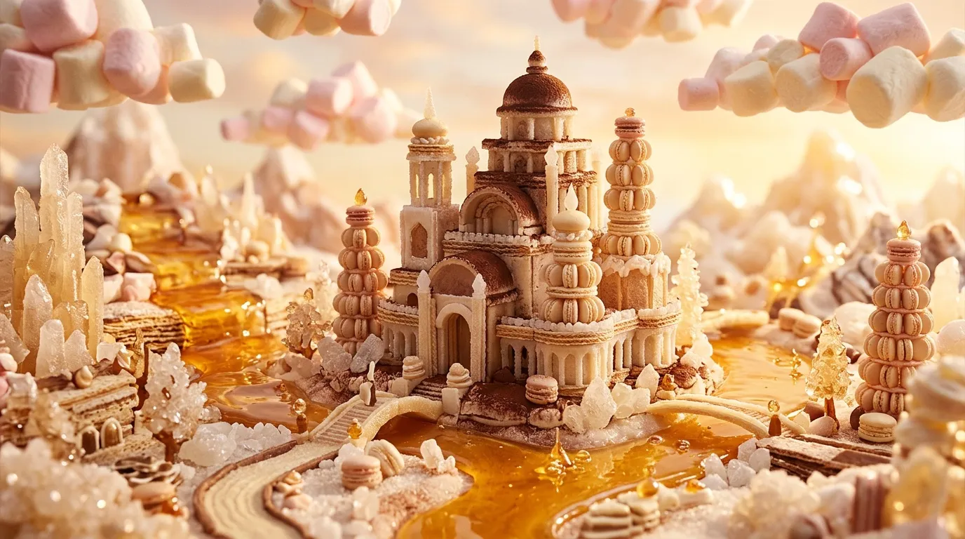Ch&acirc;teau fantastique construit enti&egrave;rement en friandises et caramel