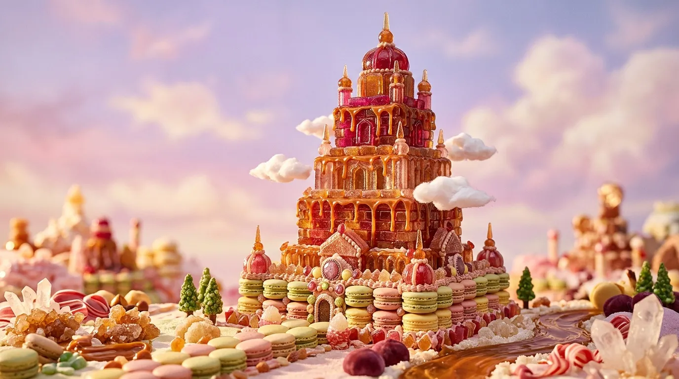 Ch&acirc;teau sucr&eacute; g&eacute;ant entour&eacute; de macarons et friandises color&eacute;es