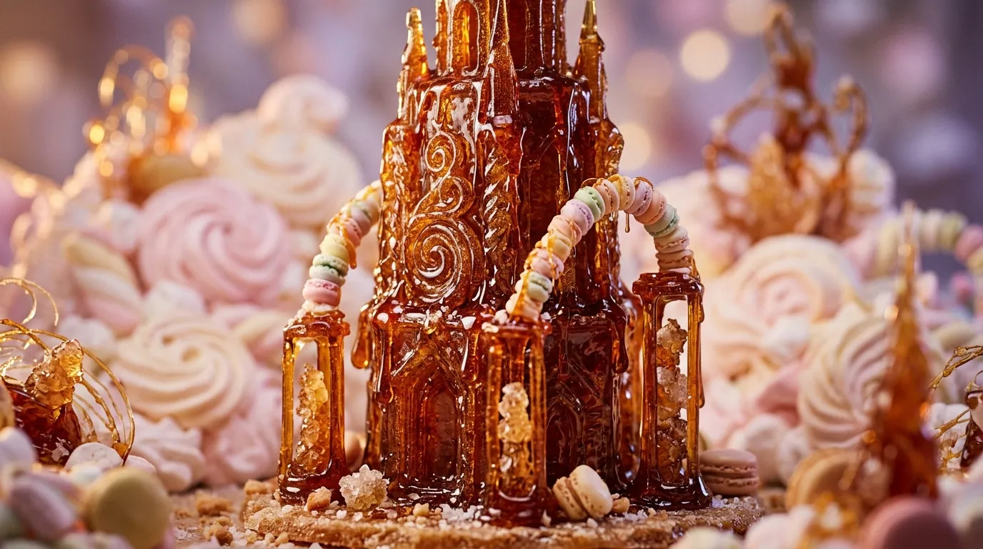 Ch&acirc;teau en caramel dor&eacute; entour&eacute; de p&acirc;tisseries roses et blanches