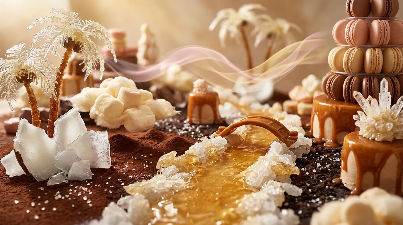 Sc&egrave;ne miniature hivernale avec macarons, caramel et gla&ccedil;ons