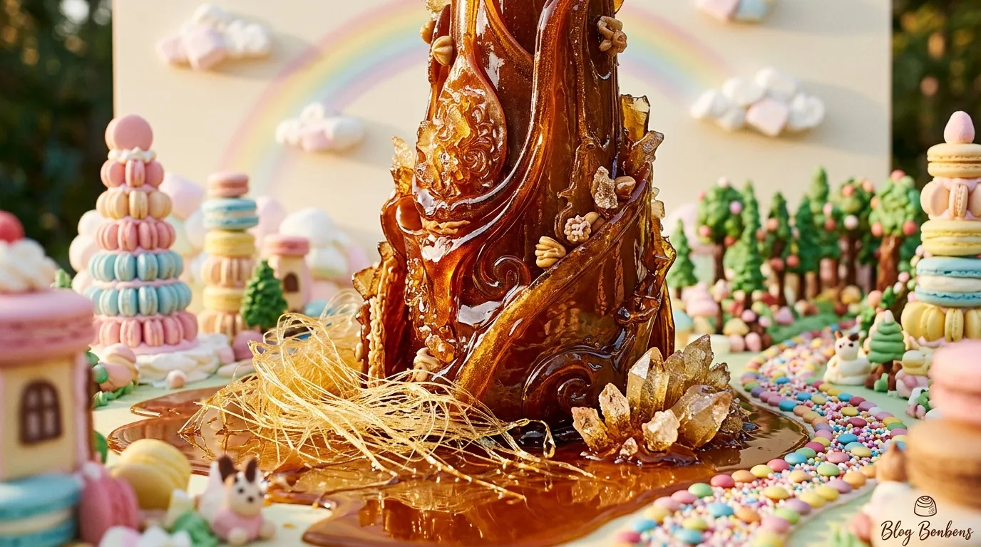 Sculpture caramel avec maisons bonbons arc-en-ciel