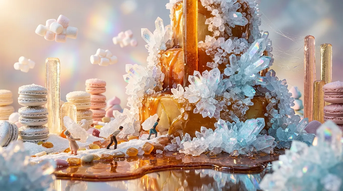 Miniatures explorant un paysage fantastique de bonbons et cristaux brillants